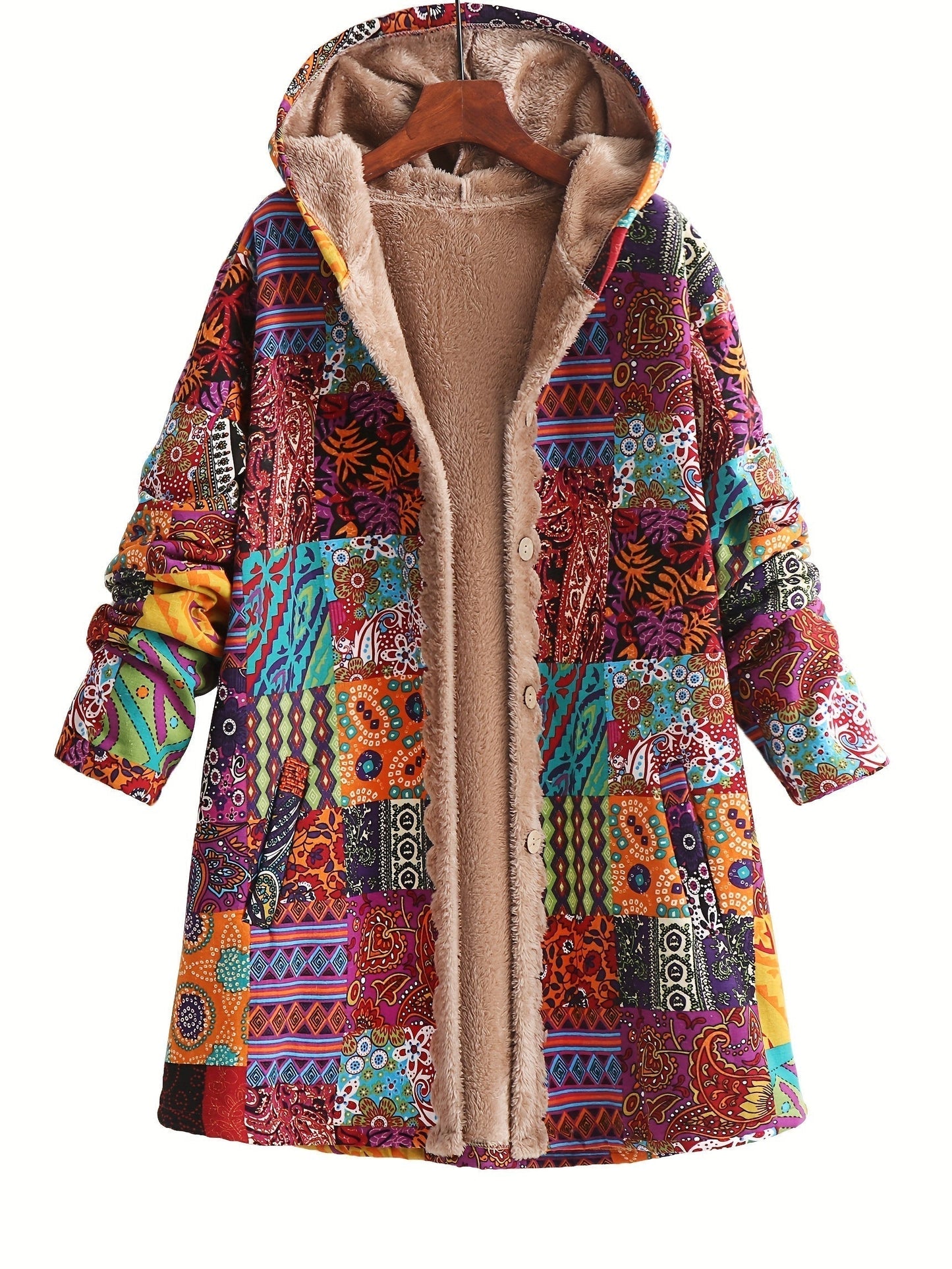 Effortless Patchwork Print Fleece Lined Coat for Women with Hooded Long Sleeve Button Front Oversized Bohemian Style