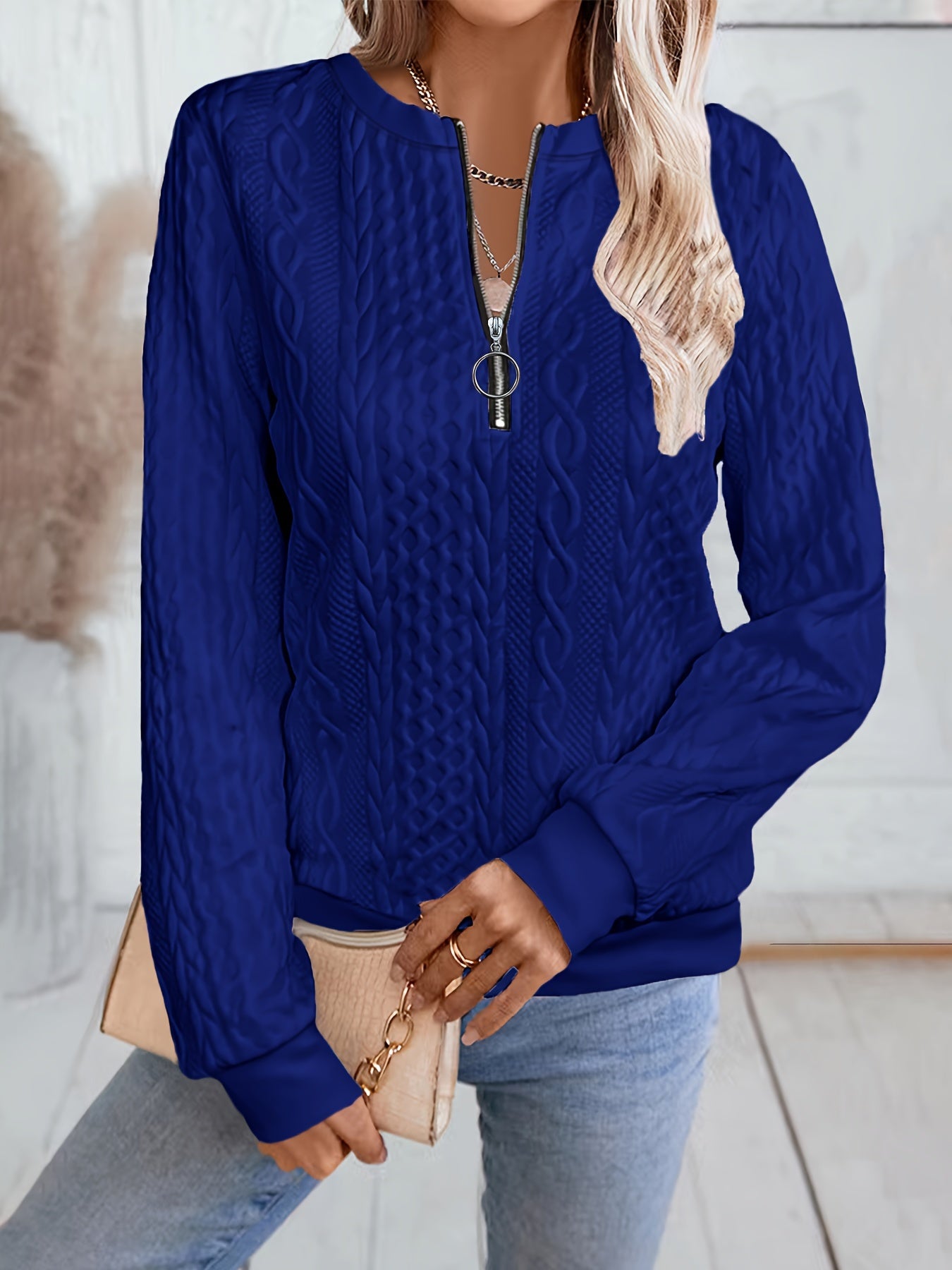 Other Mountain Sq060661 Fashionable Elegant Fall Winter New Solid Texture Fabric Baseball Neck Zip-Up Women'S Long Sleeve Sweatshirt