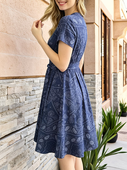 Women's Vintage Blue Print Midi Dress, V-Neck Button Shirt Dress with Pockets & Belt, Casual Commute Vacation Wear for Ladies