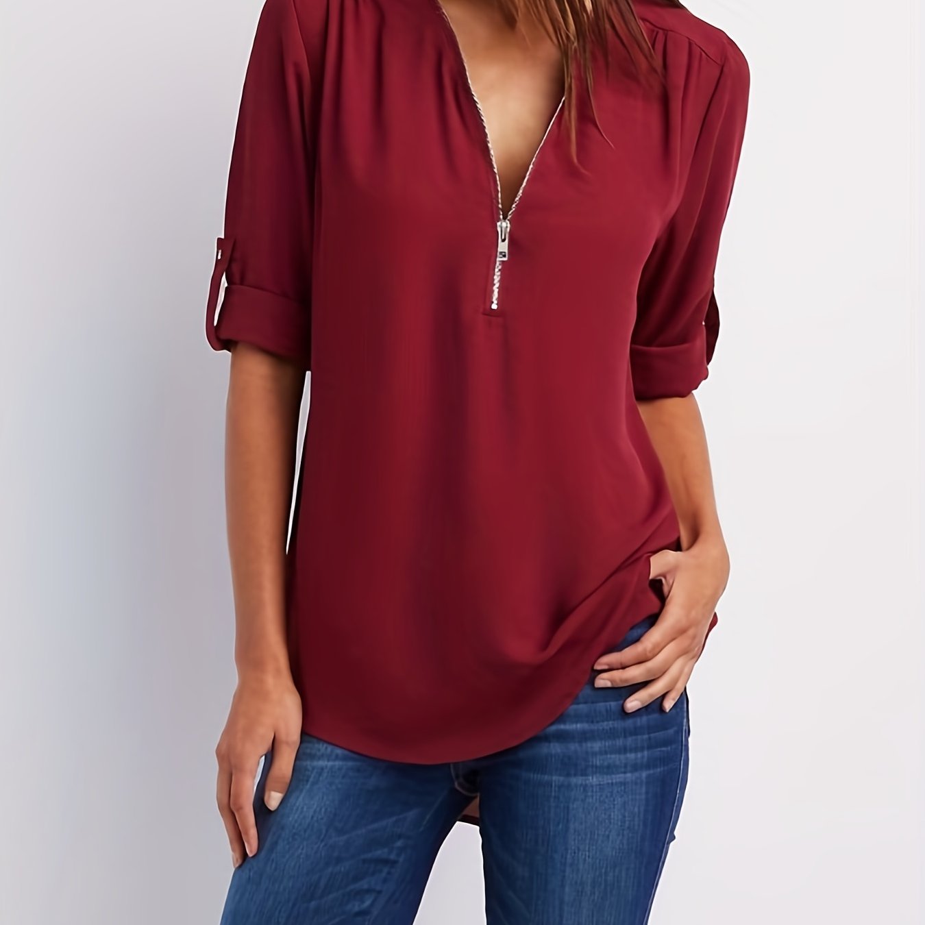 Effortless Zip Front Blouse for Women with V Neck Roll Tab Sleeve Relaxed Tunic Style