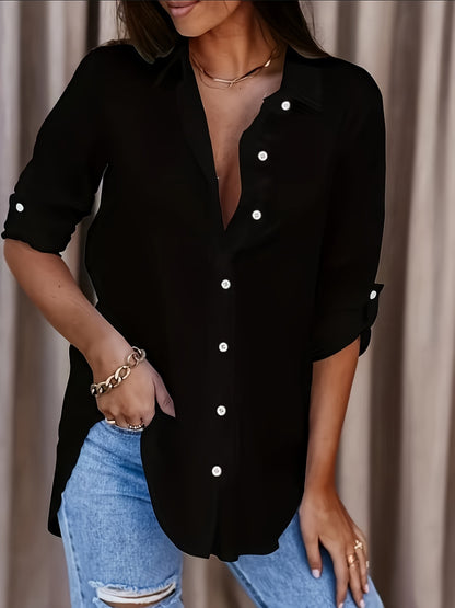 Effortless Button Down Blouse for Women with Collar Long Sleeve Relaxed Oversized Casual Style