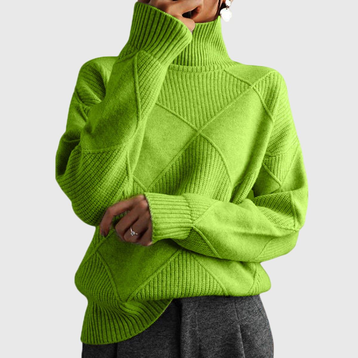 Comfortable Argyle Knit Sweater for Women with Turtleneck Long Sleeve Relaxed Oversized Style