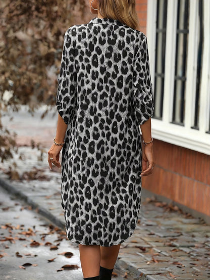 Elegant Leopard Print Shirt Dress for Women with Collar Elbow Sleeve Button Front Side Slit Casual Style
