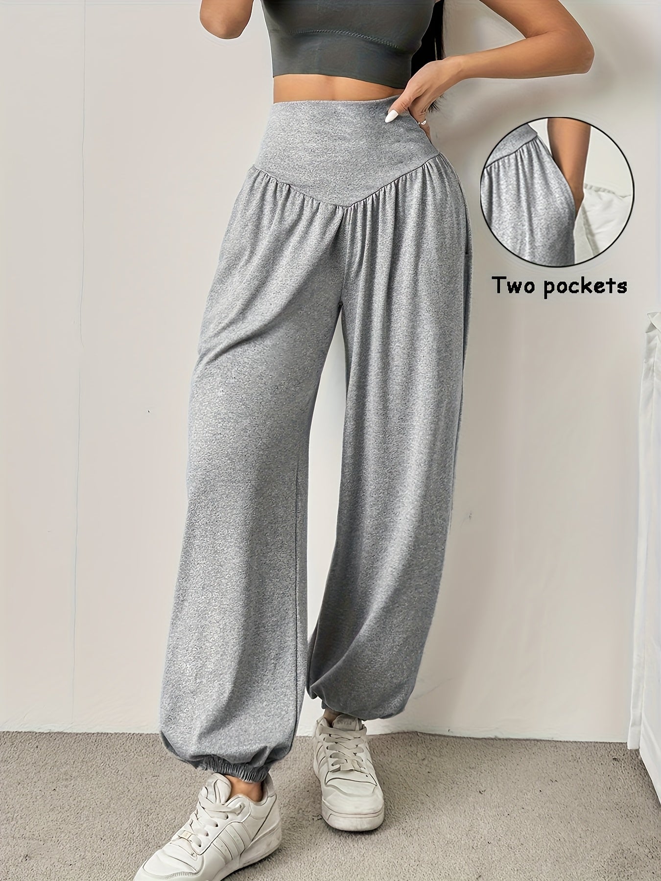 1pc Women'S High-Waist Comfortable Running Pants - Stretchy Soft Wide-Leg Casual Trousers, Suitable for Running And Fitness, Solid Color, All-Season