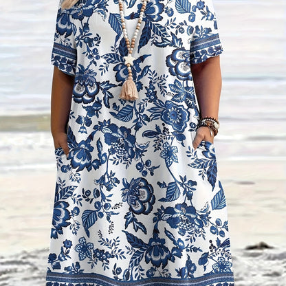 Plus Size - Plus Size - Summer New Plus Size Women'S Vacation Style Easy And Porcelain Floral Pattern All-Over Print Dress, Suitable for All Seasons, Casual And Chic