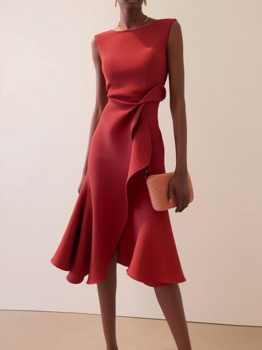 Elegant Draped Midi Dress for Women with Boat Neck Sleeveless Asymmetric Ruffle Hem Cocktail Style