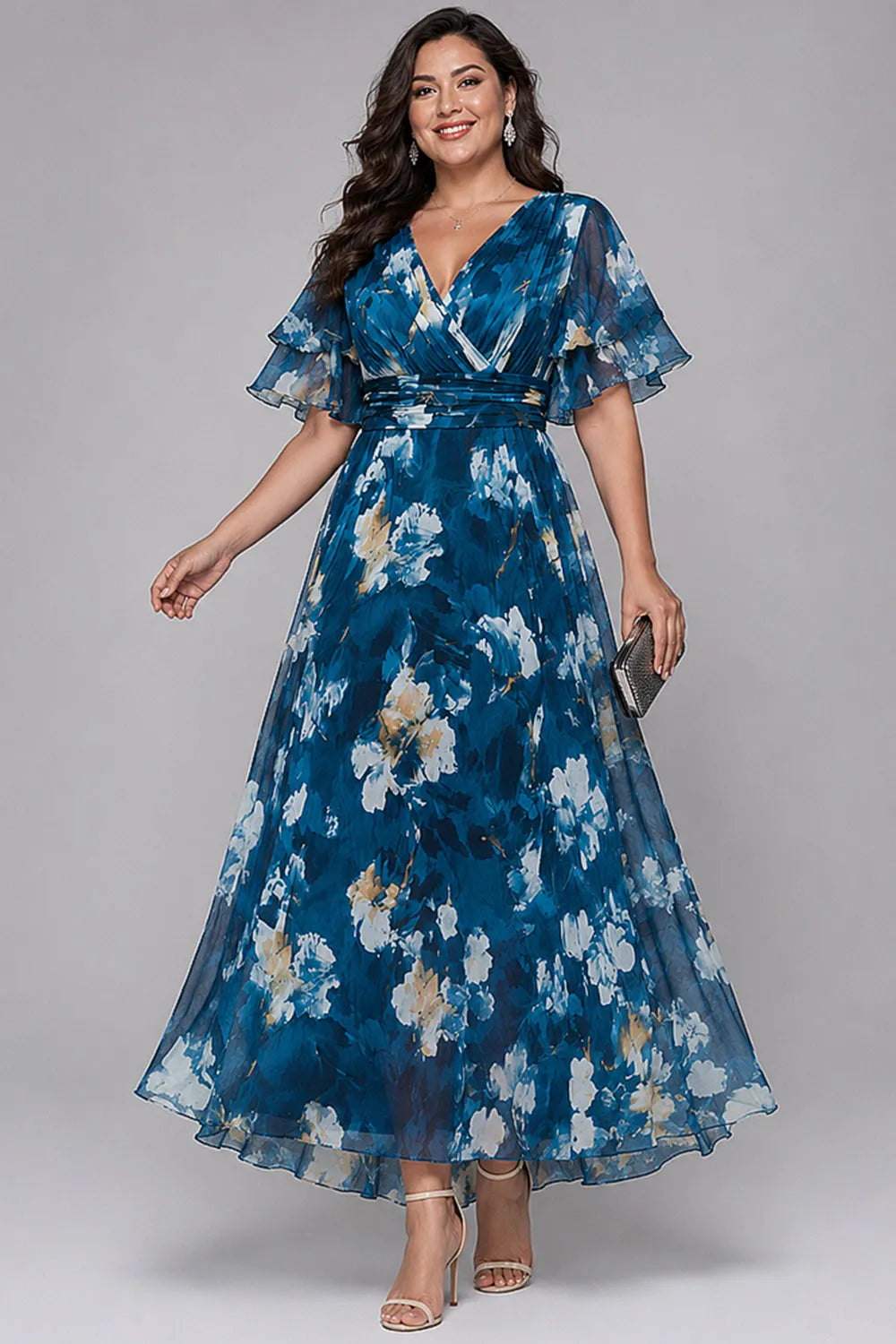 Elegant Blue Floral Maxi Dress for Women with V Neck Flutter Sleeve Flowing Wedding Guest Style