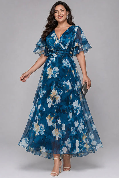 Elegant Blue Floral Maxi Dress for Women with V Neck Flutter Sleeve Flowing Wedding Guest Style