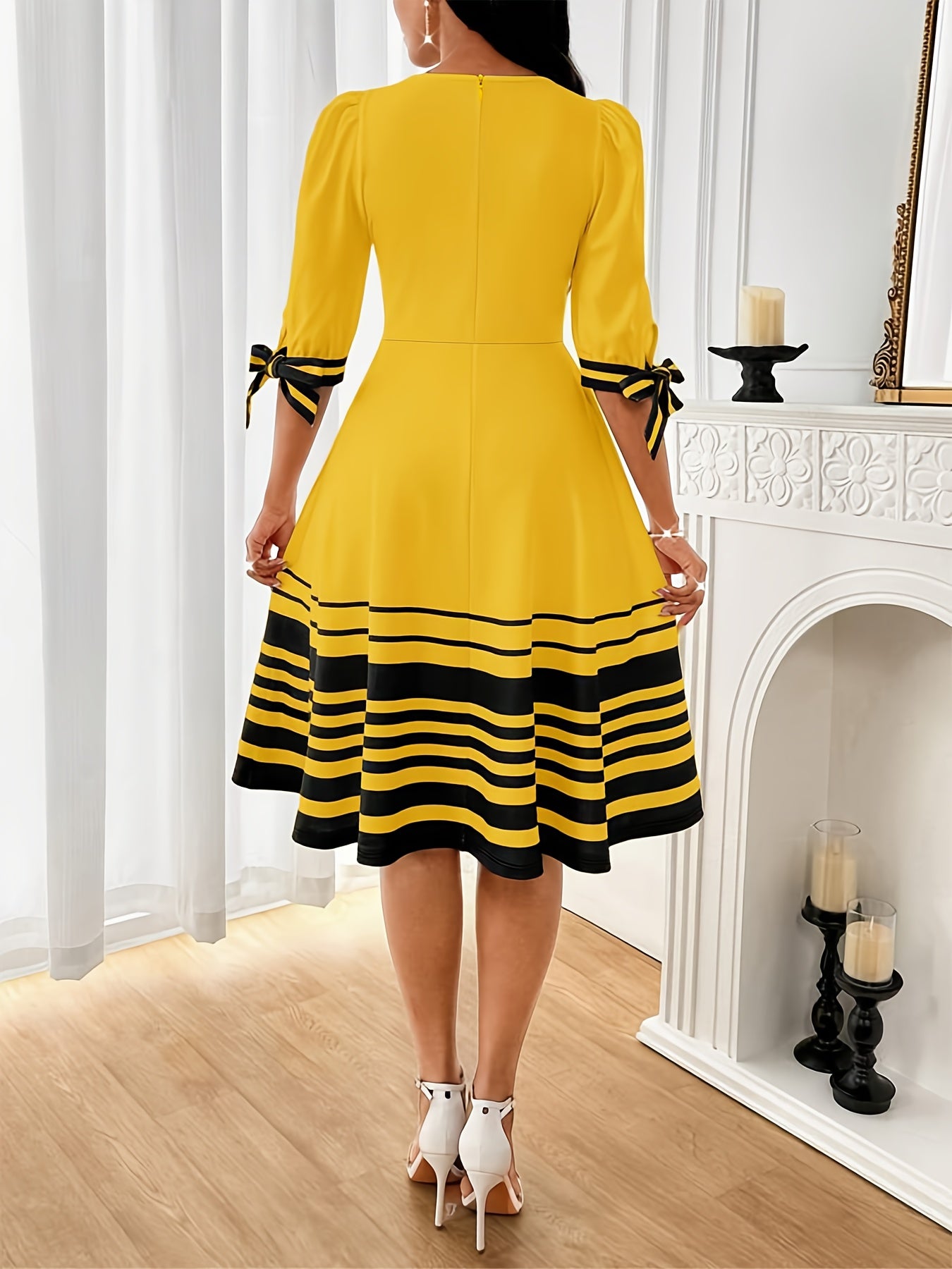 Summer Elegant Orienteering Style Floral Print Round Neck Bubble Short Sleeve Bow Women'S A-Line Dress