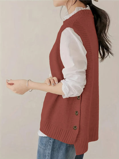 Comfortable Ribbed Knit Sweater Vest for Women with Mock Neck Sleeveless Side Button Relaxed Style