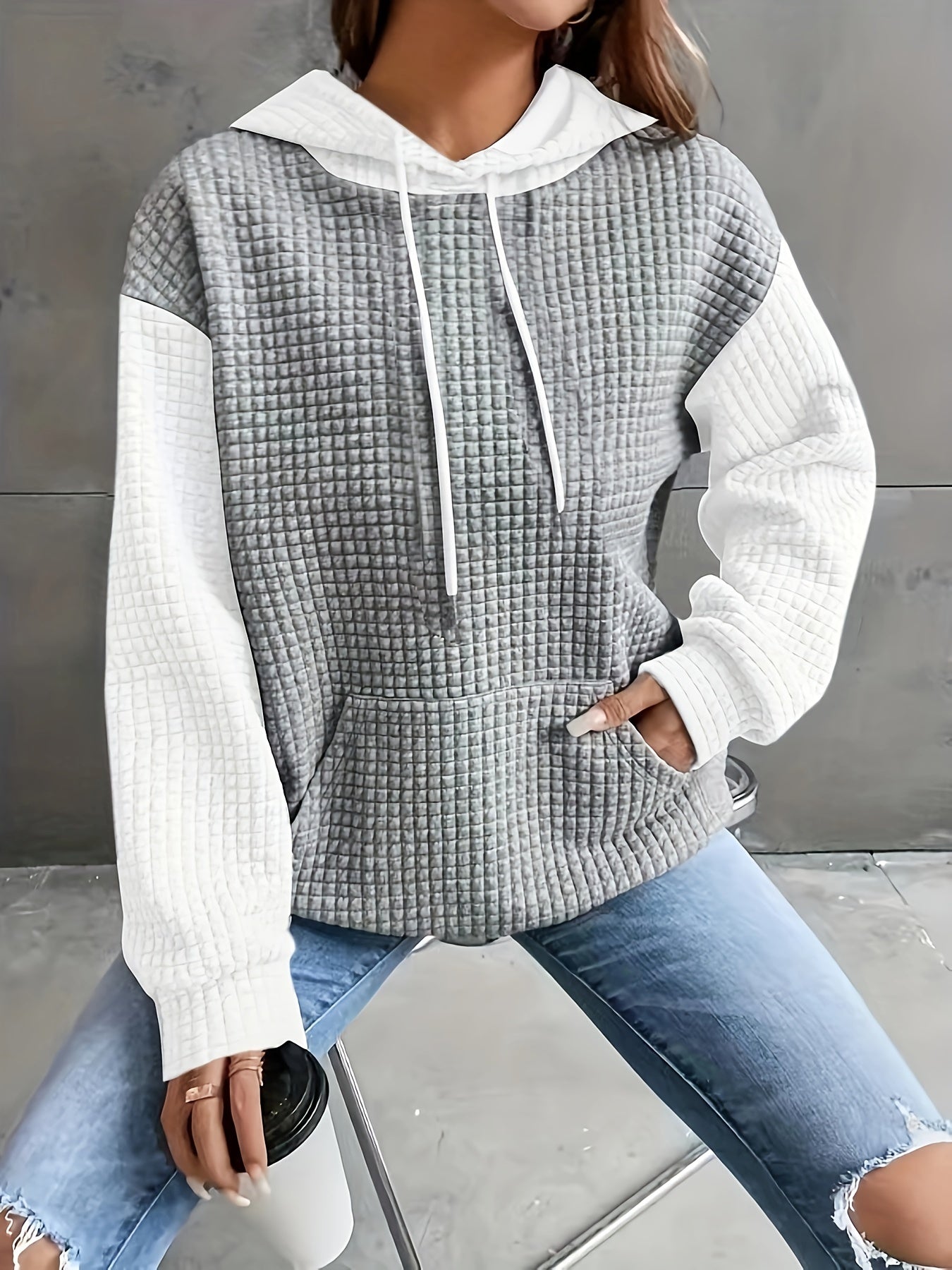 Women's Casual Waffle- Color-Block Hooded Sweatshirt - Relaxed Fit Long Sleeve Pullover with Drawstring Hood, Machine Washable Autumn Winter Fashion Top, Cute Sweatshirts, Autumn Apparel, Soft Fabric, Everyday Outfit, Waffle Design, Breathable Material, C