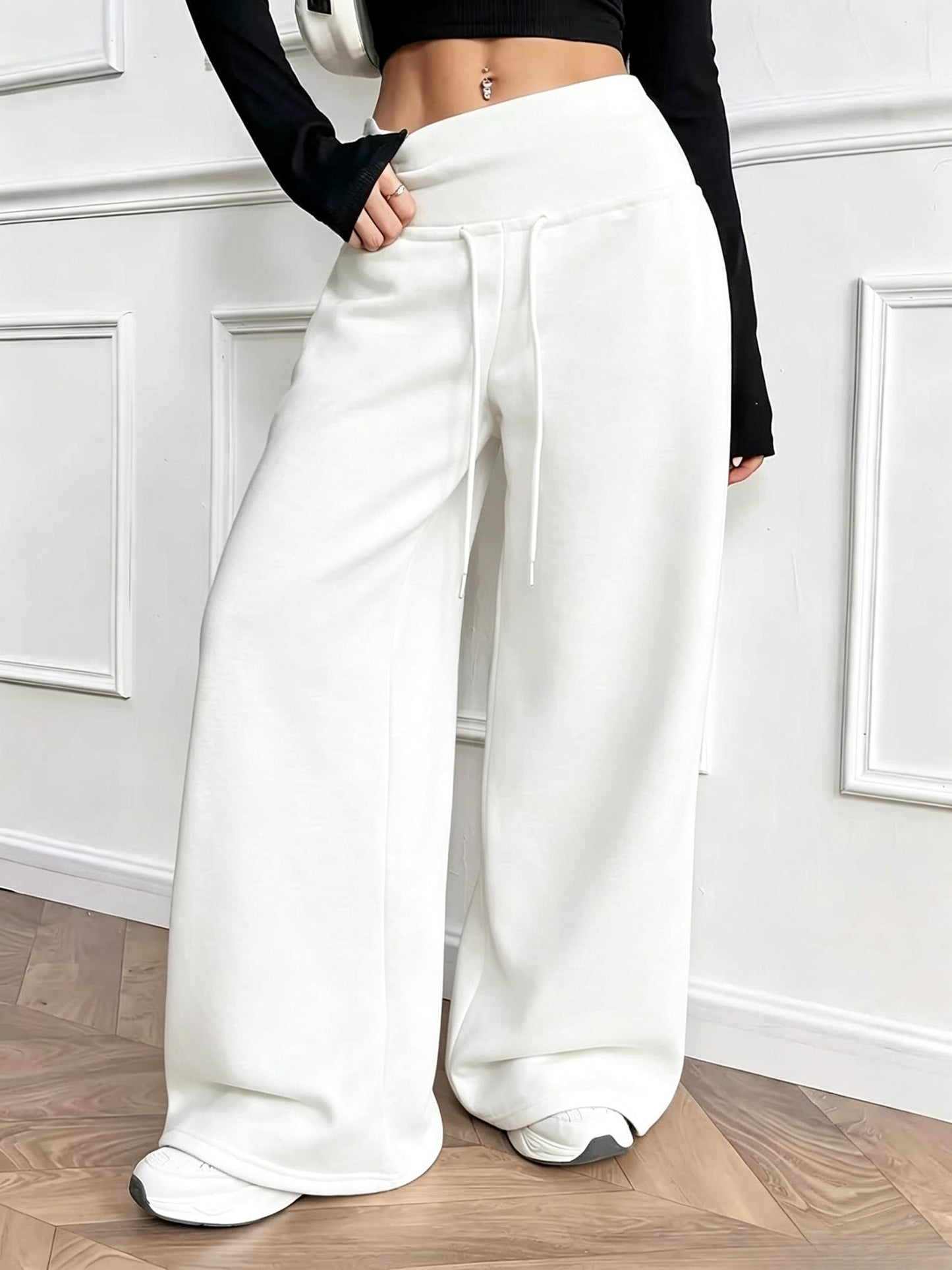 Women'S Fall Winter Solid Color Fleece Wide Leg Pants Elastic Drawstring Loose Trousers