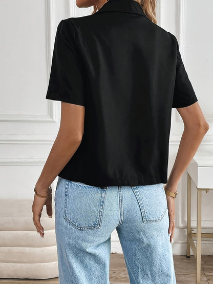 Elegant Cropped Blazer for Women with Notch Lapel Short Sleeve Button Front Relaxed Casual Style