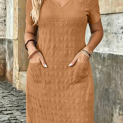 Plus Size Women'S Solid V-Neck Short Sleeve Dress, Pocket Style Summer Casual Dress