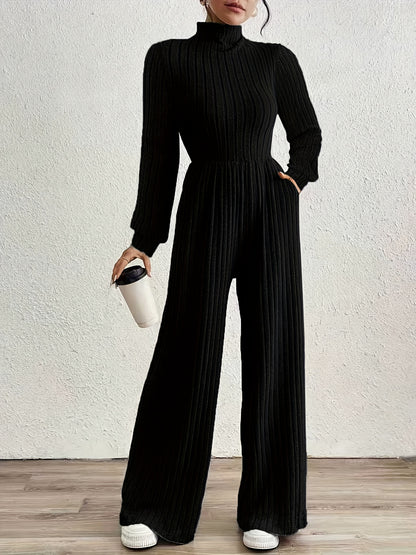 Comfortable Ribbed Knit Wide Leg Jumpsuit for Women with High Neck Long Sleeve Relaxed Pocket Style