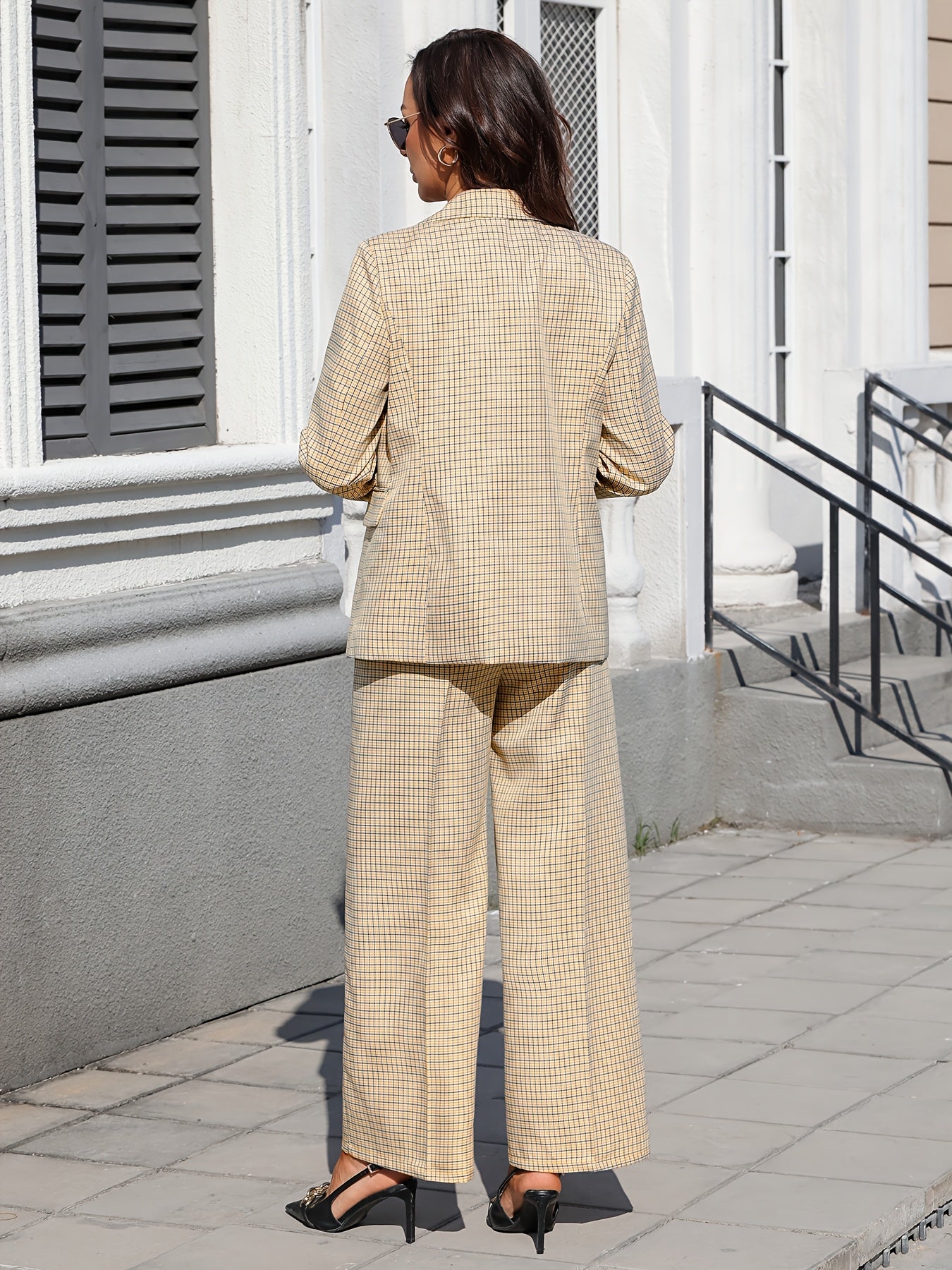 Elegant Plaid Two Piece Set for Women with Lapel Collar Double Breasted Blazer Wide Leg Pant Formal Style