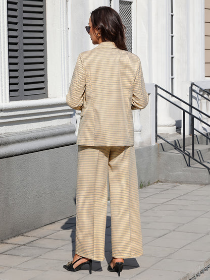 Elegant Plaid Two Piece Set for Women with Lapel Collar Double Breasted Blazer Wide Leg Pant Formal Style