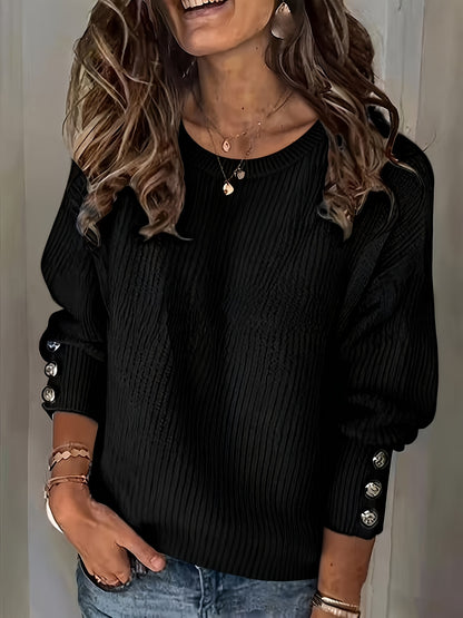 2025 New Style, Women'S Comfortable White Pullover Sweater with Faux Button Details - Long Sleeves, Loose Fit, Ribbed Texture, Perfect for Autumn And Winter, Casual Style, Casual Winter Wear | Relaxed Fit Sweater | Pullover Sweater