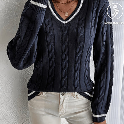 Comfortable Cable Knit Sweater for Women with V Neck Long Sleeve Striped Trim Oversized Style