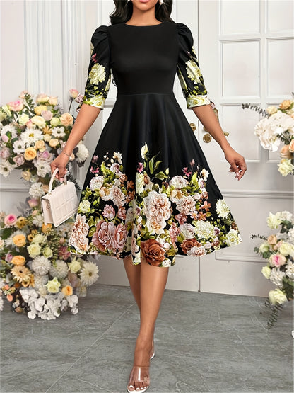 Summer Elegant Orienteering Style Floral Print Round Neck Bubble Short Sleeve Bow Women'S A-Line Dress
