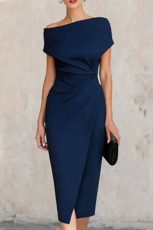 Elegant Draped Midi Dress for Women with Asymmetric Neckline Cap Sleeve Ruched Wrap Cocktail Style