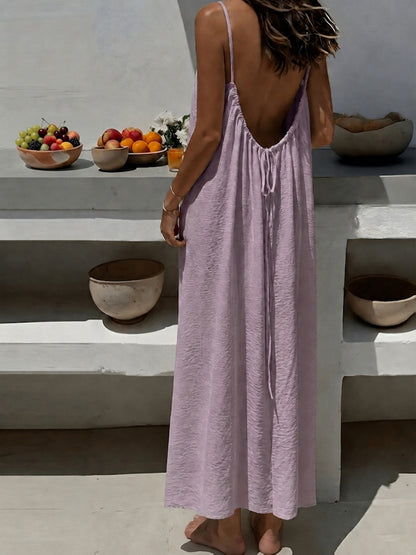 Effortless Textured Maxi Dress for Women with Backless Spaghetti Strap Drawstring Flowing Bohemian Style