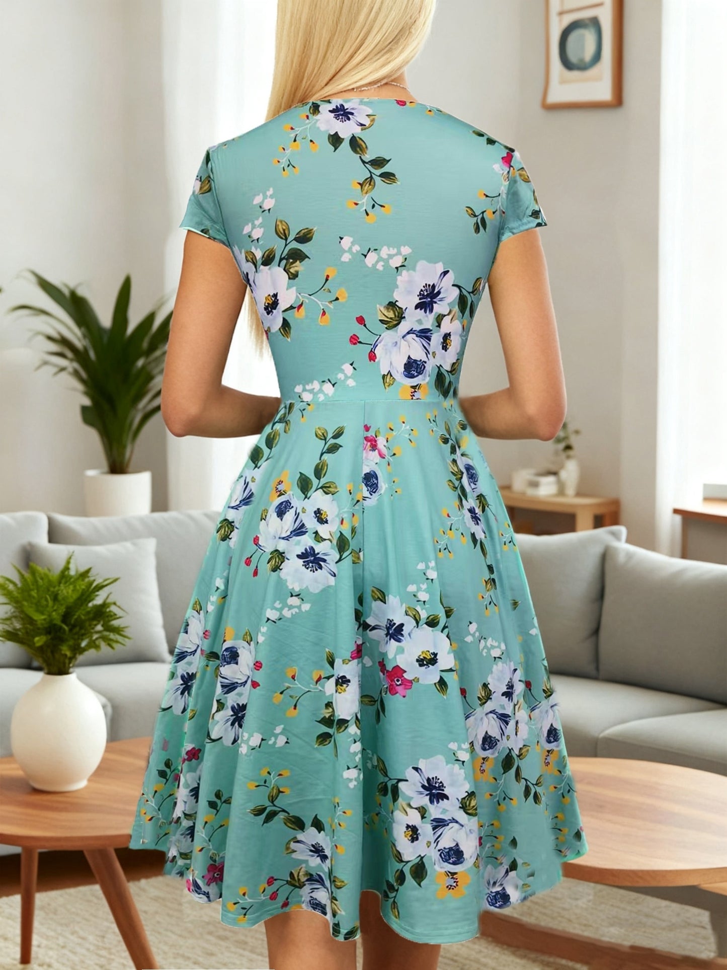 Western Foreign Trade Cross-Border Women'S V-Neck Vintage Ladies Casual Elegant Temperament Flared Knee-Length Pocket Dress