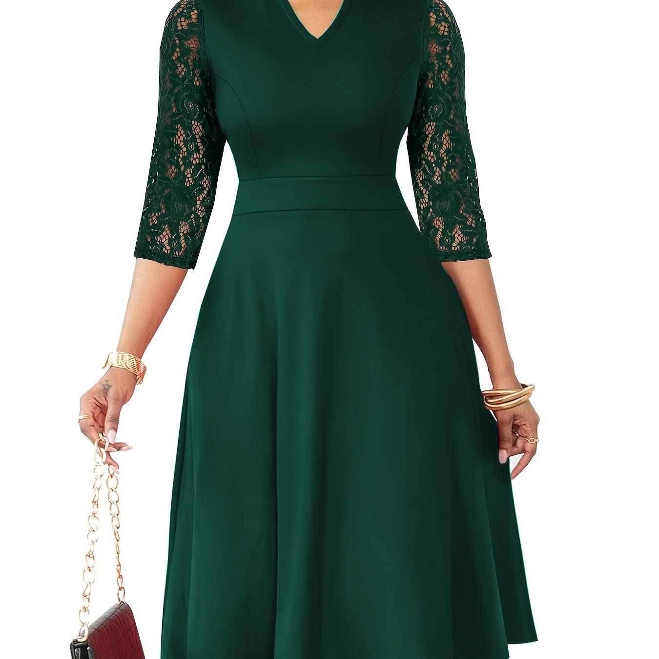 Autumn/Winter Women's Fashion Elegant V-Neck Lace Sleeve Three-Quarter Sleeve A-Line Midi Dress, Suitable for Formal Occasions, Cocktail Parties, and Gatherings