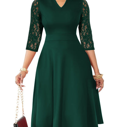 Autumn/Winter Women's Fashion Elegant V-Neck Lace Sleeve Three-Quarter Sleeve A-Line Midi Dress, Suitable for Formal Occasions, Cocktail Parties, and Gatherings