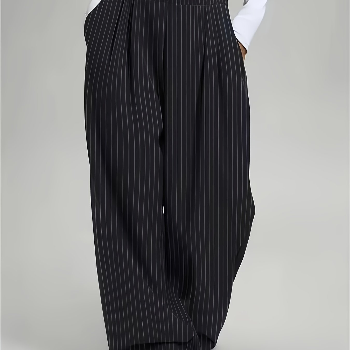 Effortless Black Pinstripe Wide Leg Pants for Women with High Waist Pleated Relaxed Tailored Style