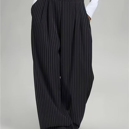 Effortless Black Pinstripe Wide Leg Pants for Women with High Waist Pleated Relaxed Tailored Style