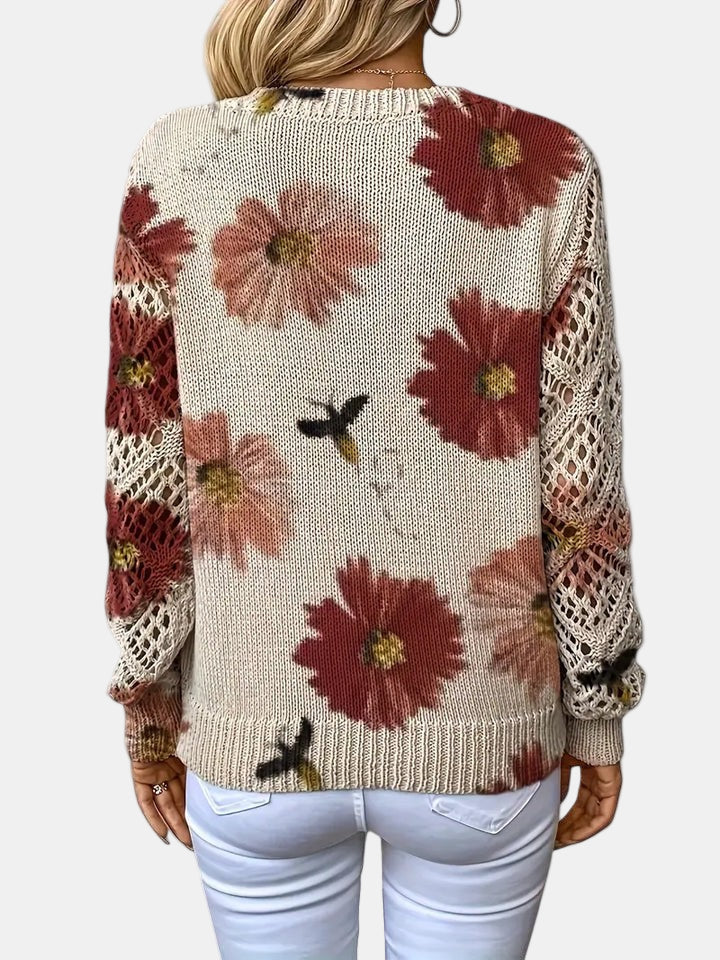 Comfortable Floral Crochet Sweater for Women with V Neck Balloon Sleeve Lace Panel Oversized Knit Style