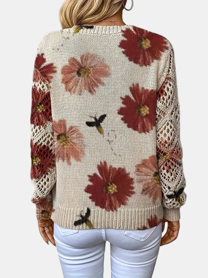 Comfortable Floral Crochet Sweater for Women with V Neck Balloon Sleeve Lace Panel Oversized Knit Style