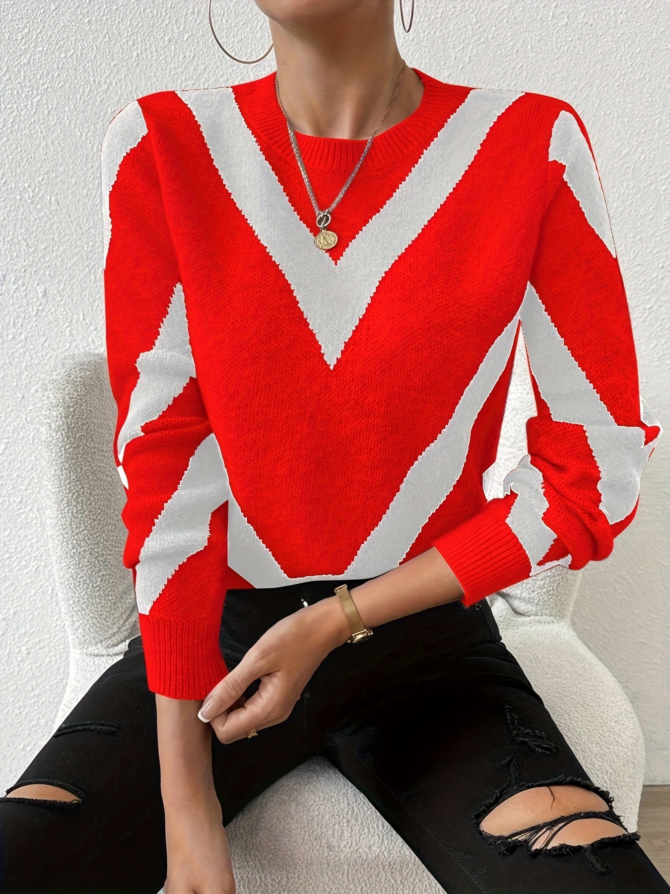 Ladies' Fashion Sweater, Autumn and Winter Style, Striped Pattern, Unisex Elasticity, Suitable for Casual Ladies' Versatile Pullover Shirt Top