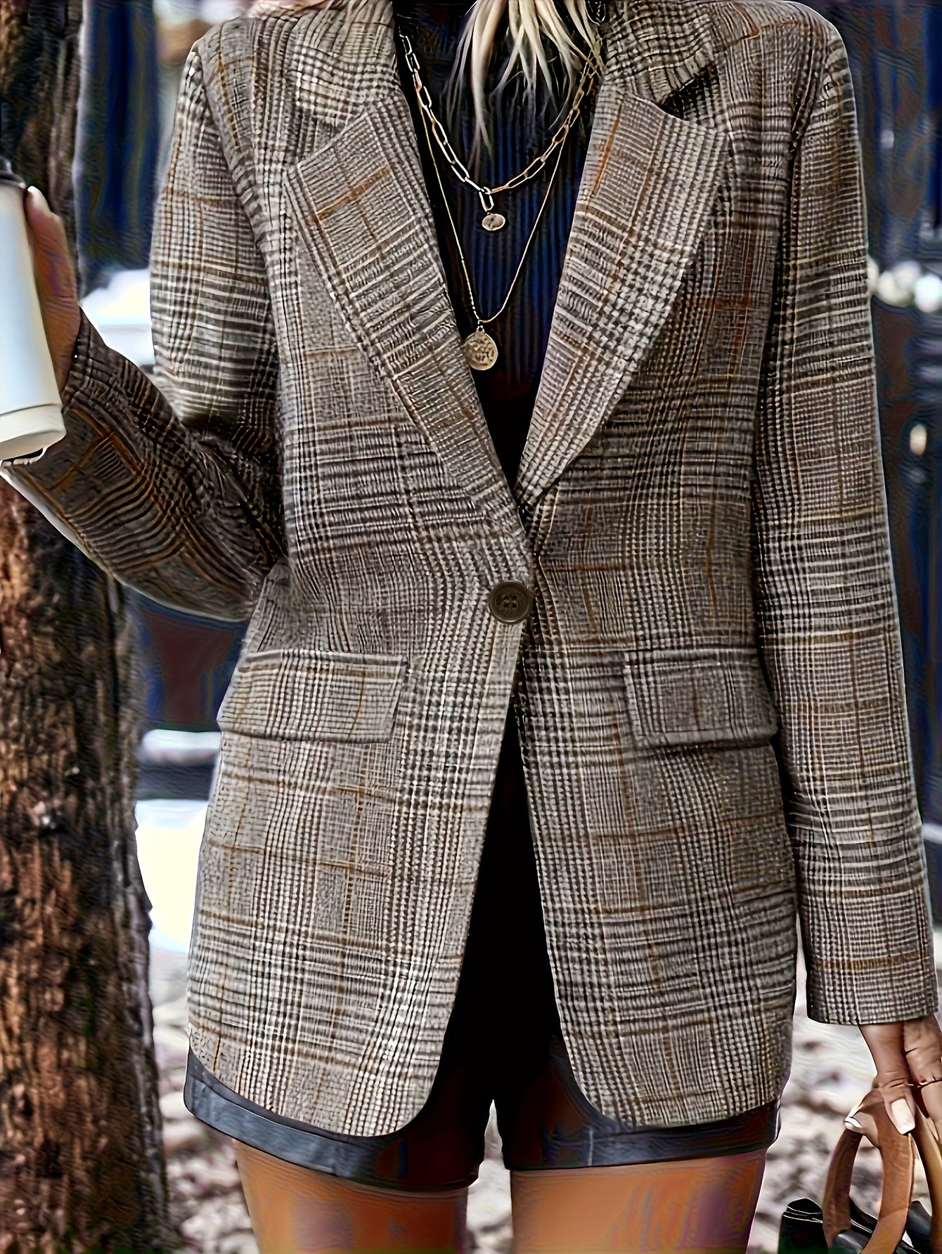Elegant Plaid Blazer for Women with Notch Lapel Long Sleeve Oversized Tailored Style