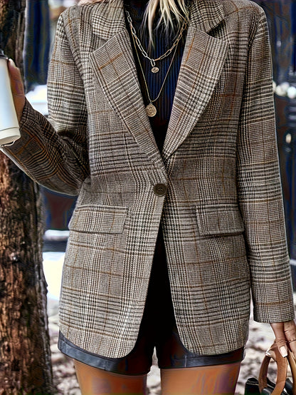Elegant Plaid Blazer for Women with Notch Lapel Long Sleeve Oversized Tailored Style