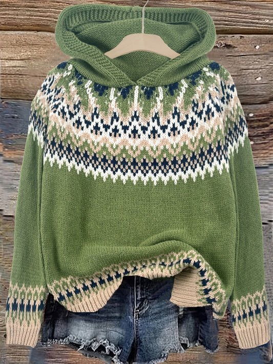 Comfortable Fair Isle Sweater for Women with Hooded Long Sleeve Relaxed Oversized Knit Style