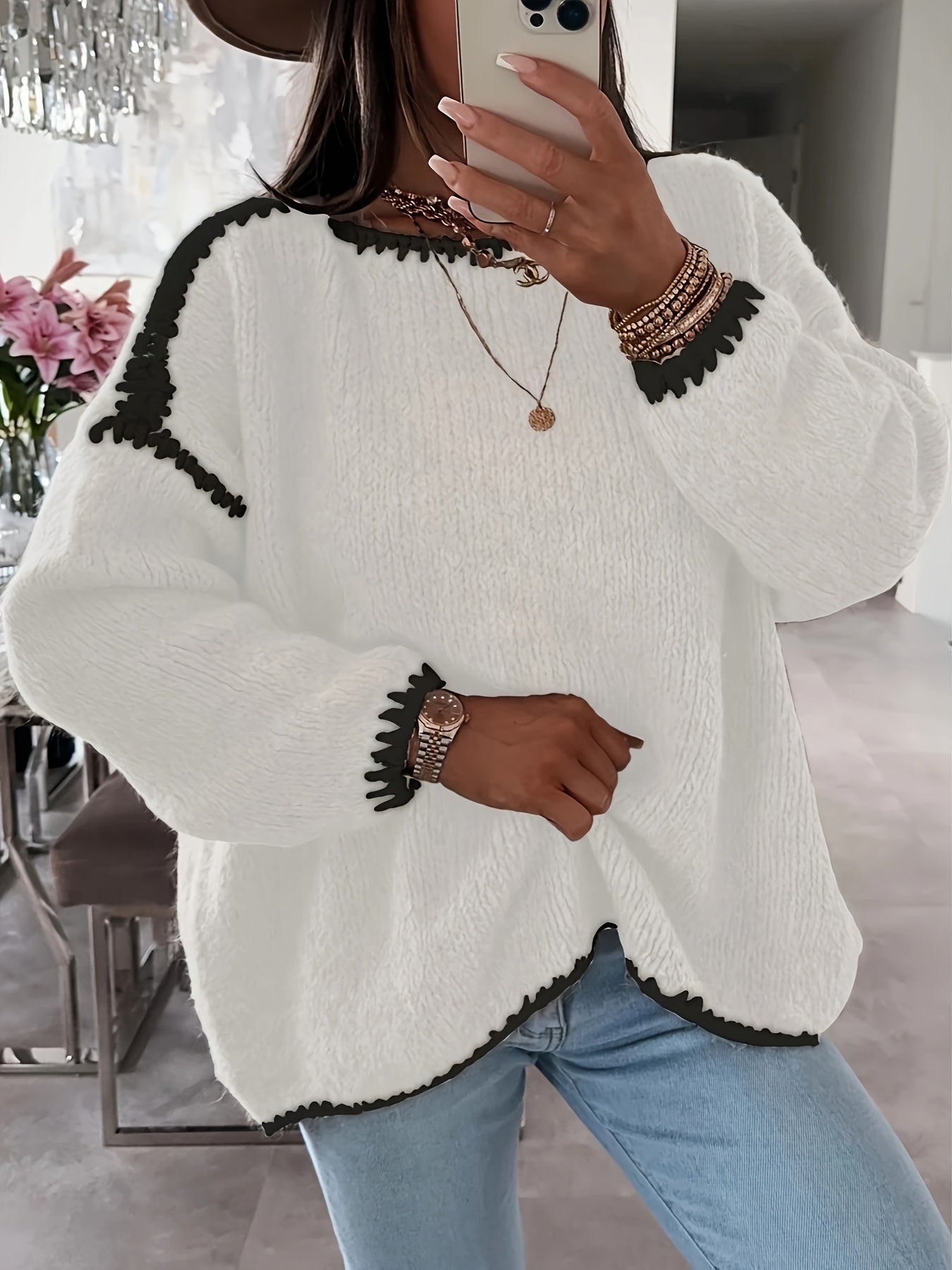 Solid Boat Neck Pullover Sweater, Women'S Casual Long Sleeve Loose Contrast Sweater
