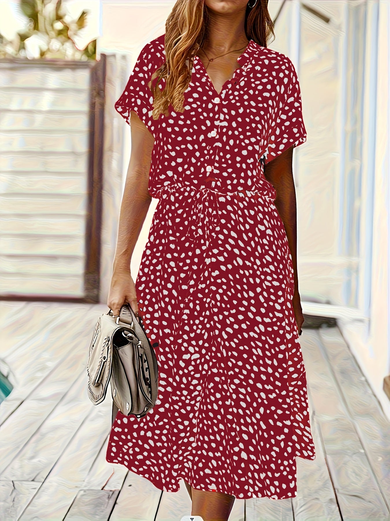 Effortless Multicolor Polka Dot Midi Dress for Women with Collar Short Sleeve Button Front Drawstring Waist Casual Style