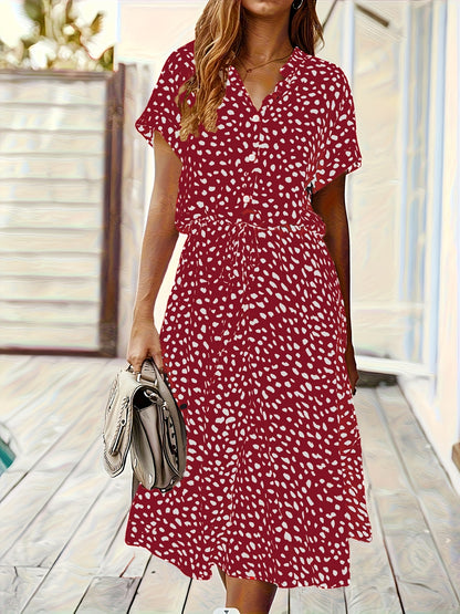 Effortless Multicolor Polka Dot Midi Dress for Women with Collar Short Sleeve Button Front Drawstring Waist Casual Style