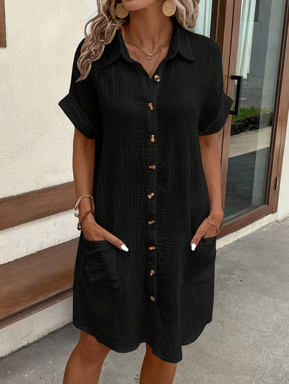 Effortless Textured Shirt Dress for Women with Collar Short Sleeve Button Front Relaxed Casual Style