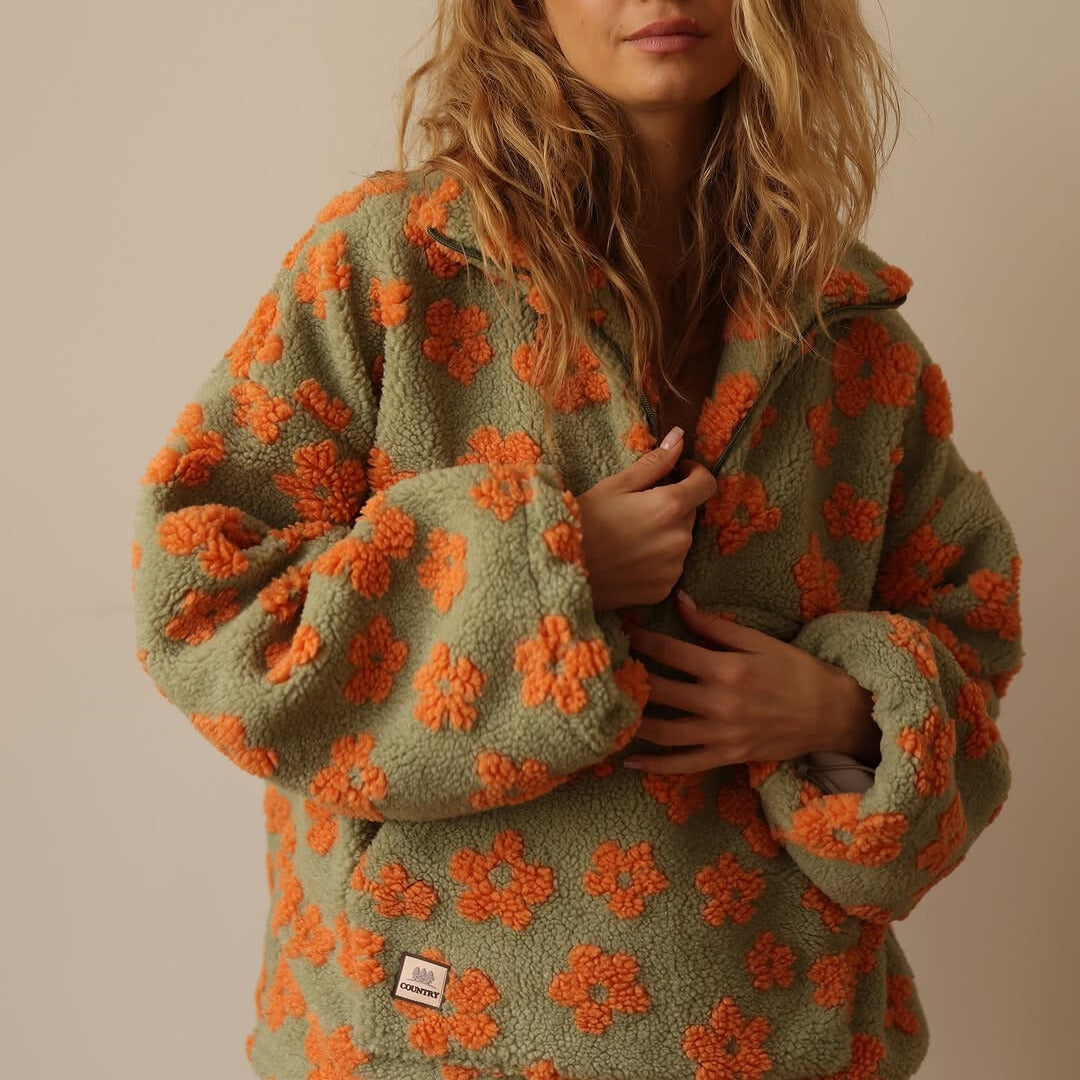 Comfortable Floral Sherpa Pullover for Women with Collar Quarter Zip Long Sleeve Oversized Style