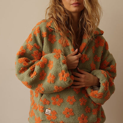 Comfortable Floral Sherpa Pullover for Women with Collar Quarter Zip Long Sleeve Oversized Style