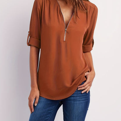 Effortless Zip Front Blouse for Women with V Neck Roll Tab Sleeve Relaxed Tunic Style