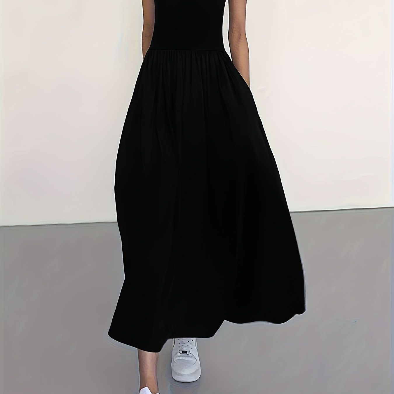 Women's Casual Sleeveless Midi Dress, Round Neck, Solid Color, Pleated A-line Skirt, Suitable for All Seasons