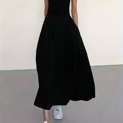 Women's Casual Sleeveless Midi Dress, Round Neck, Solid Color, Pleated A-line Skirt, Suitable for All Seasons