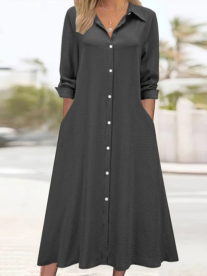 Elegant Button Front Shirt Dress for Women with Collar Long Sleeve A Line Flowing Style