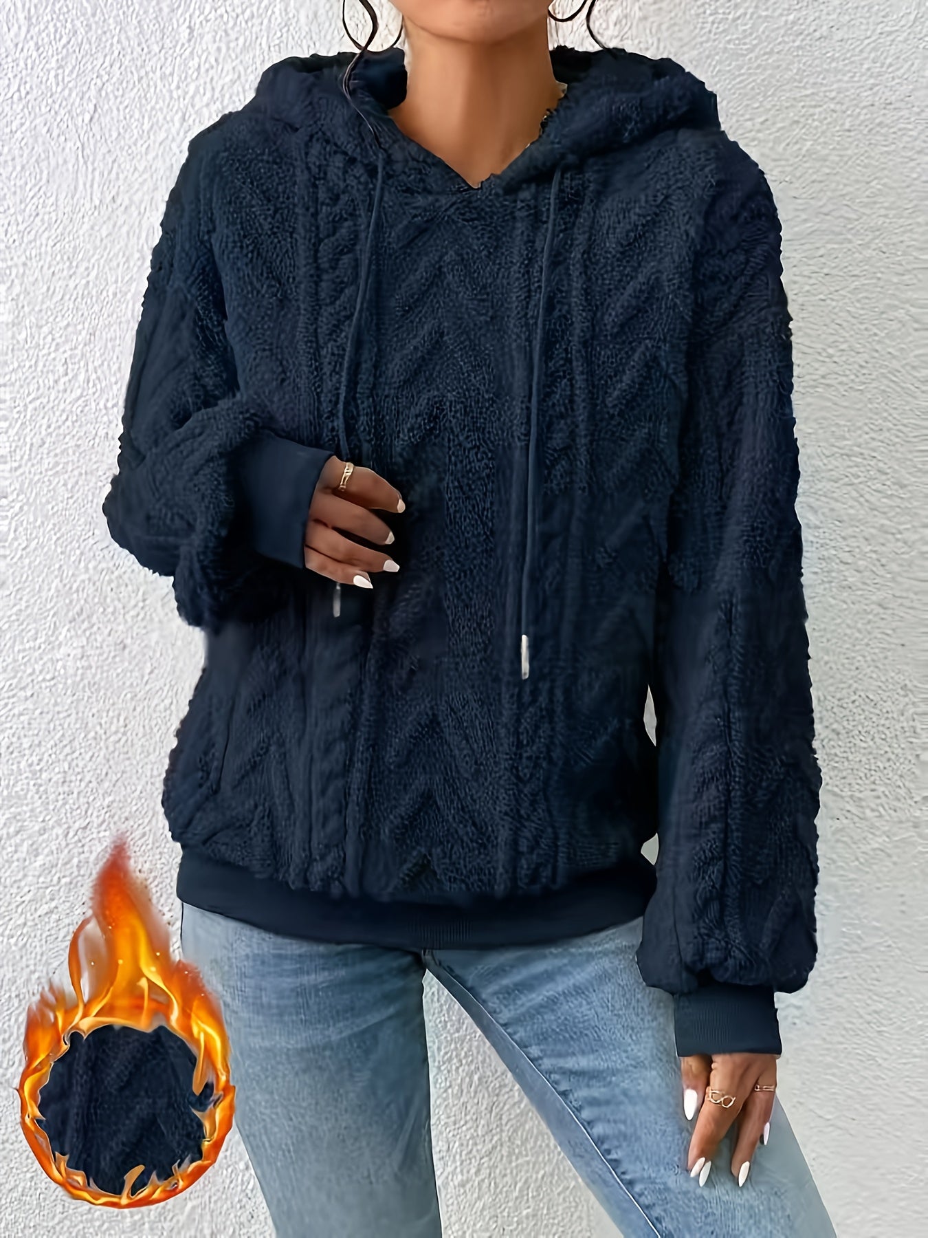 Comfortable Cable Knit Fleece Hoodie for Women with Drawstring Hood Long Sleeve Oversized Cozy Style