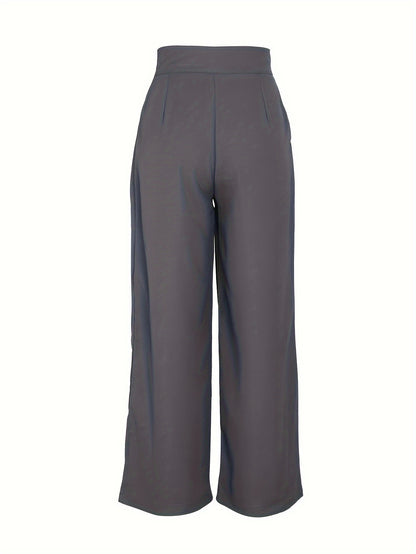 Elegant Khaki Wide Leg Pants for Women with High Waist Pleated Button Front Tailored Style