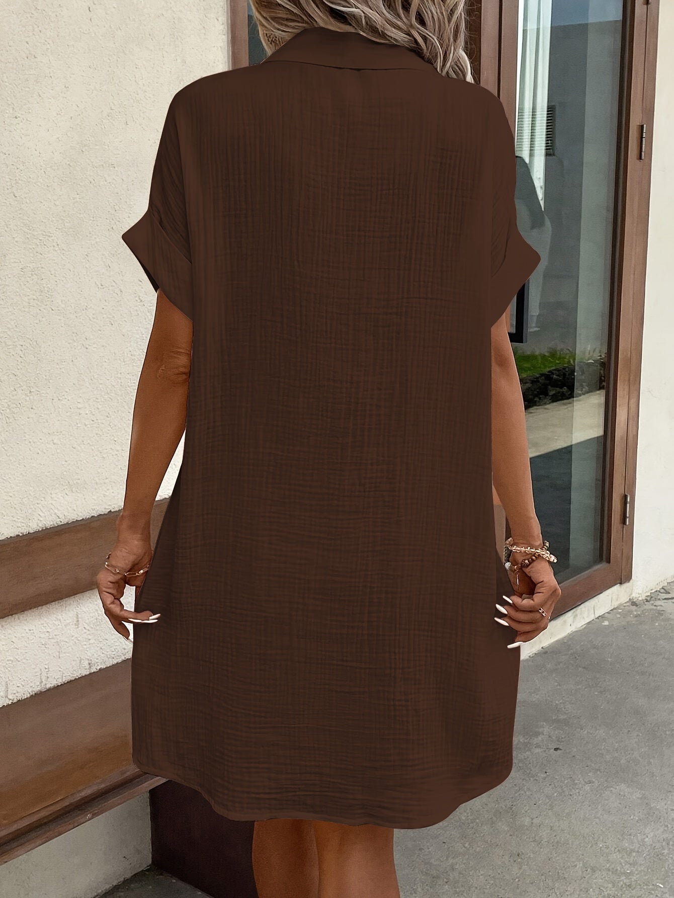 Effortless Textured Shirt Dress for Women with Collar Short Sleeve Button Front Relaxed Casual Style